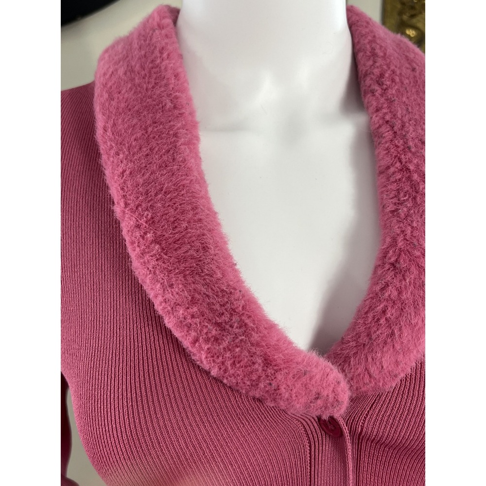Staud Pink Ribbed Knit Cardigan Sweater with Matching Faux-Fur Collar Size M - Picture 4 of 8